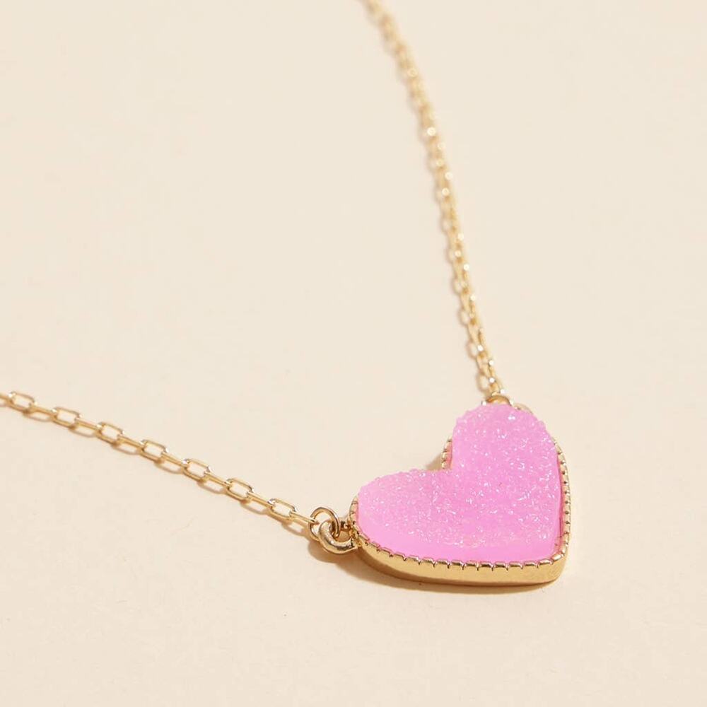 Druzy Heart Stone Charm Necklace Pink Sparkle Jewelry